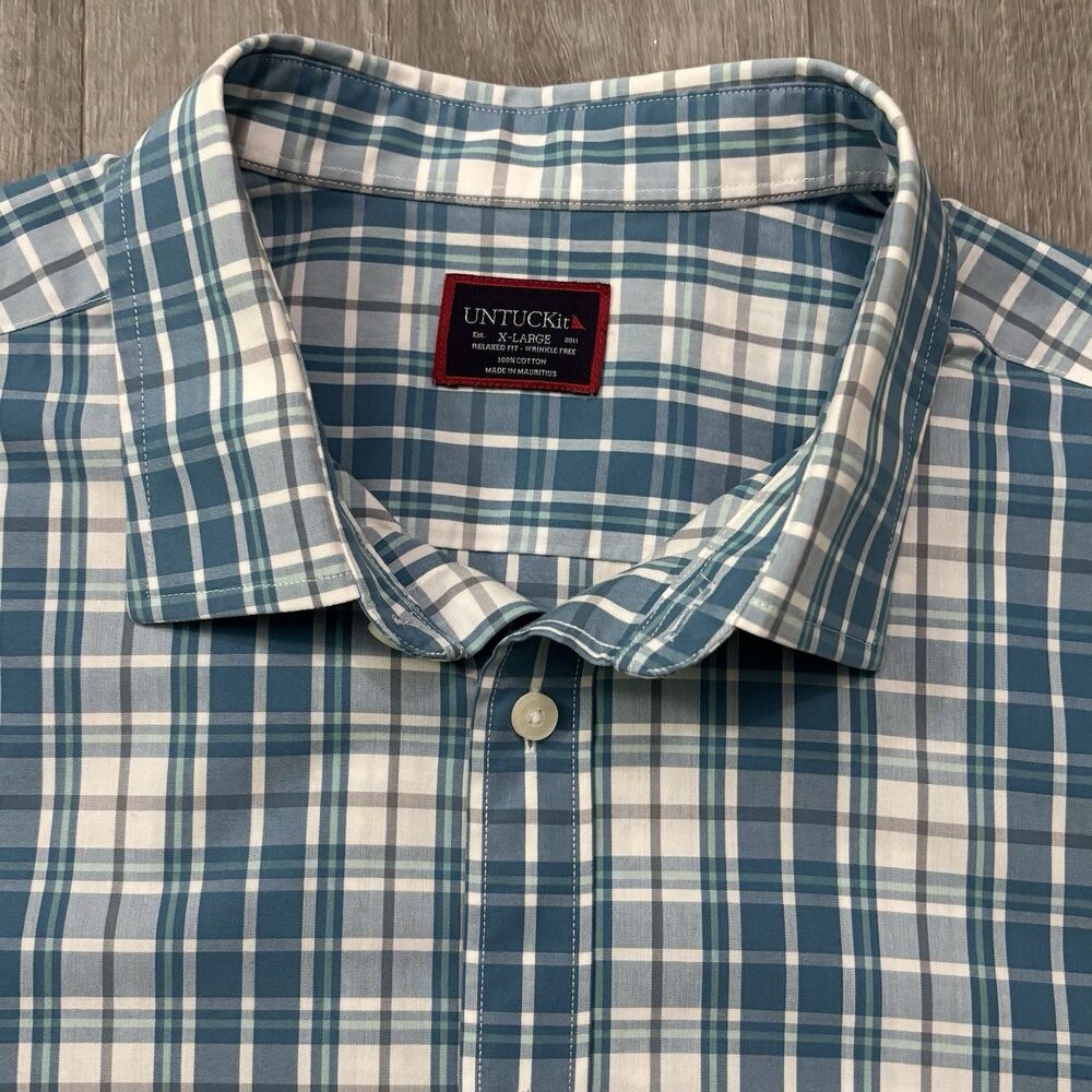 Untuckit Maxville WF Dress Shirt Men's Size XL Plaid Blue Cotton Style 40460